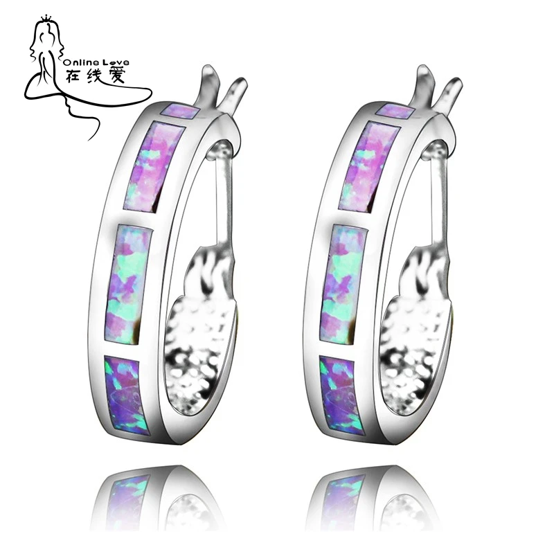 Pink Opal Round Hoop Earrings For Women Hot Sale 925 stamped Silver Plated Fine Jewelry Evening Party Pendientes ER103 | Украшения и