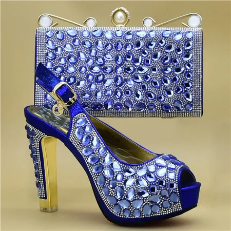 New Italian Designer Shoes and Bags Matching Set Decorated with Rhinestone Ladies Shoes and Bag Set for Party in Women - Цвет: Синий