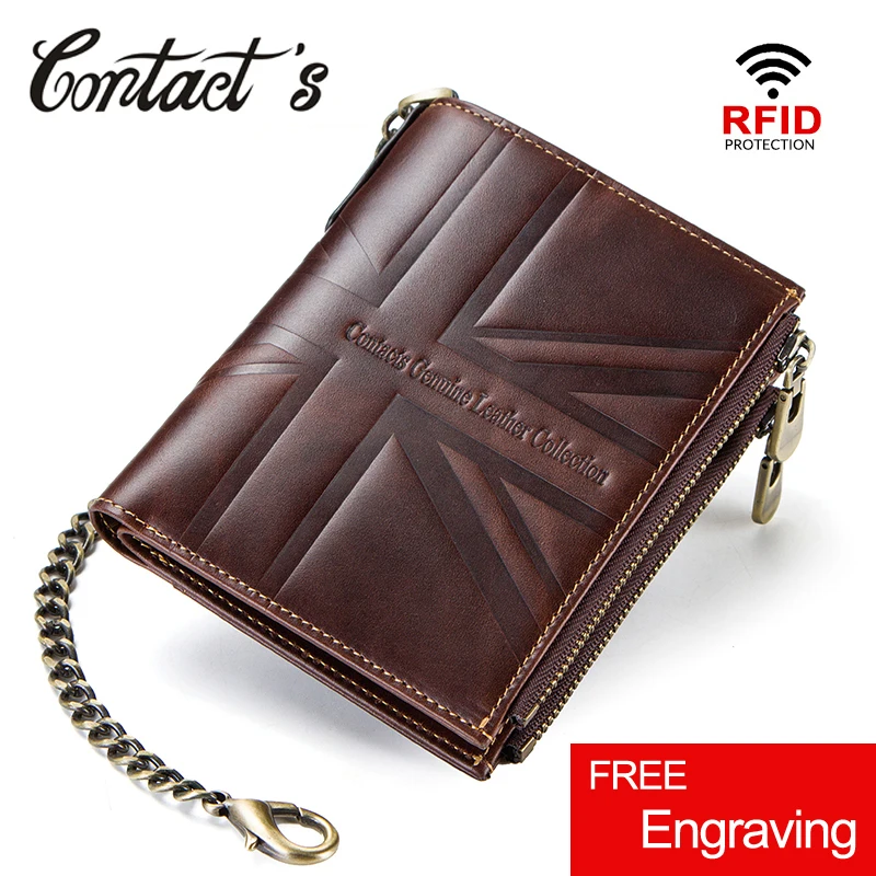 

Contact's Crazy Horse Genuine Leather Wallet Men Coin Purse Walet Card Holder Portemonnee Double Zip Money Bag With Chain RFID