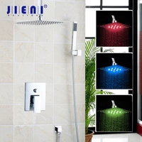 JIENI 8 10 12 16 Inch LED Ceiling Mount Bathroom Rain Shower Set Chrome Square LED Light Shower Head Shower Set Handlde Shower