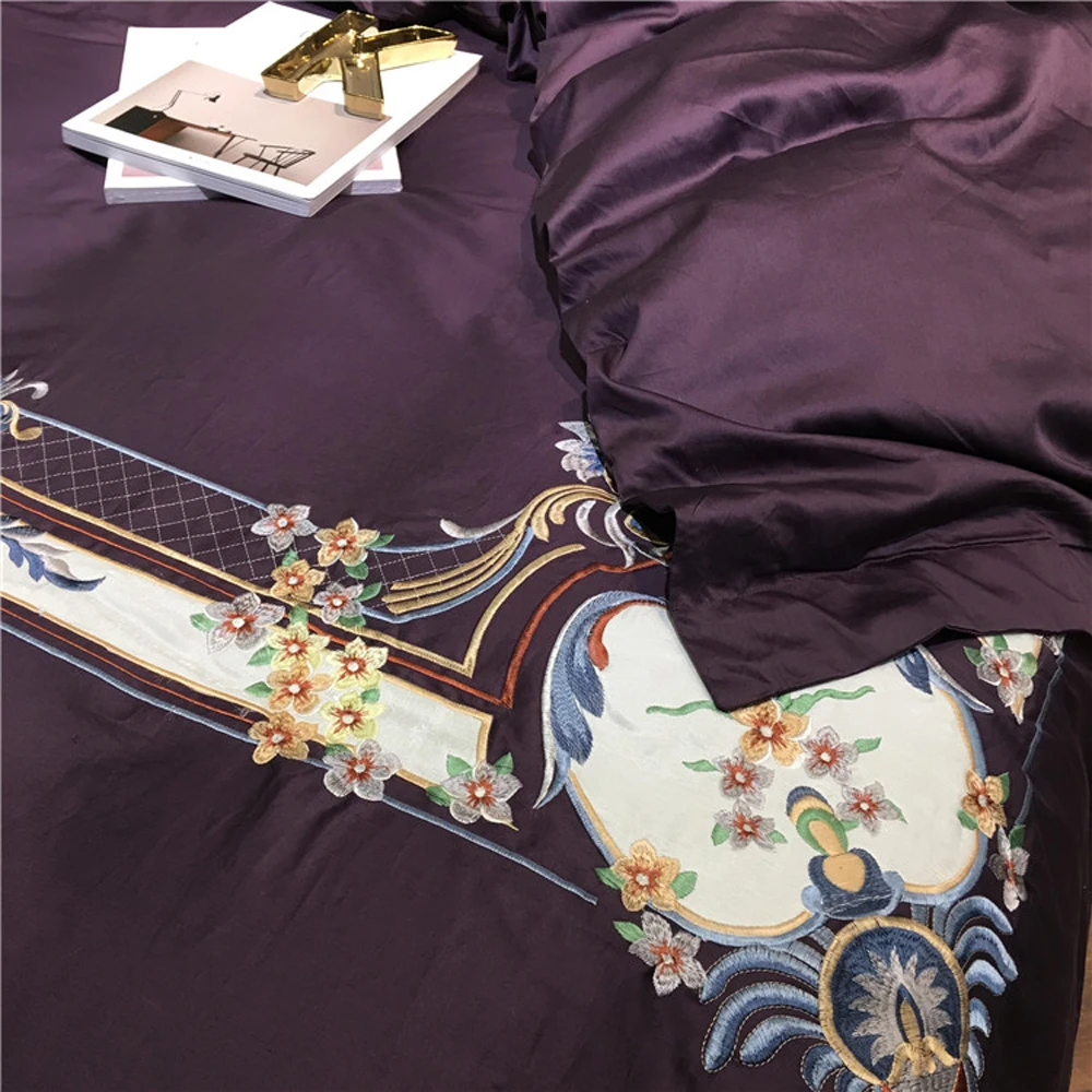 New purple Chinese Wedding Embroidery Luxury Egyptian Cotton Bedding set 4Pcs Queen King size Duvet cover Bed sheet Gifts | Дом и сад