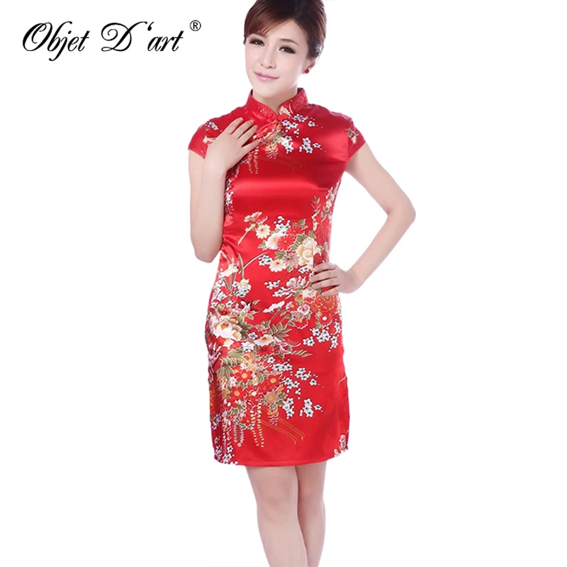 Китайское платье Чонсам с цветочным принтом шелковое женское Ципао летнее