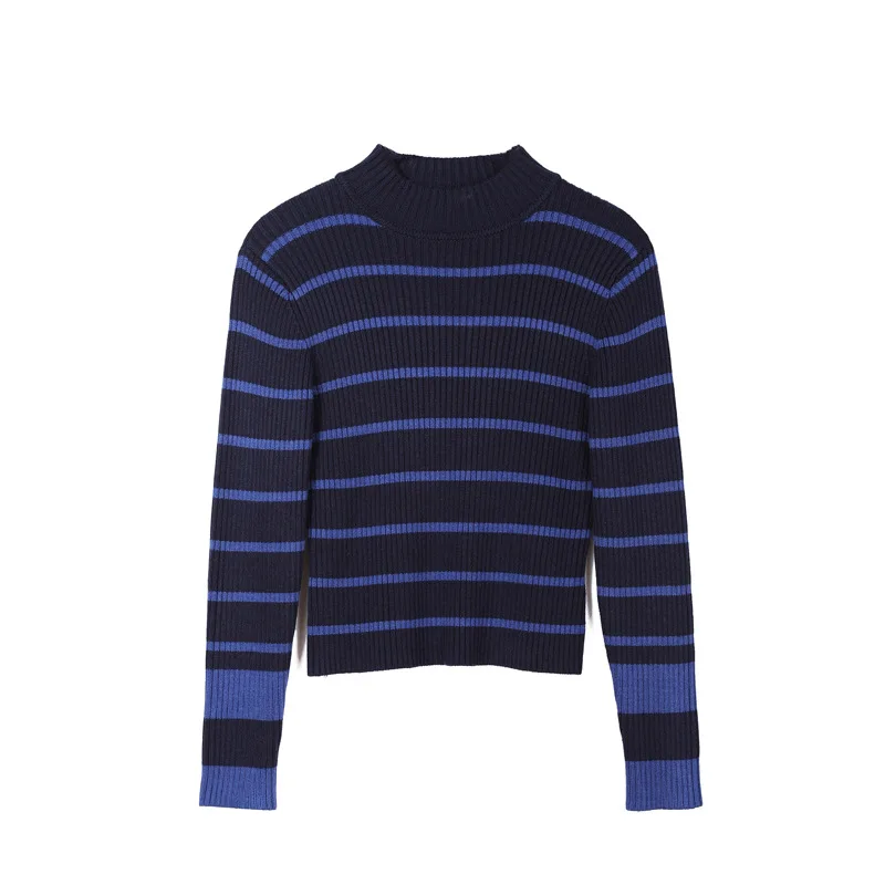 SFFZ Sweater Winter Warm Soft Fashion Navy Blue Striped Women Long Sleeve Slim Casual Turtleneck Pullovers Sweaters | Женская одежда