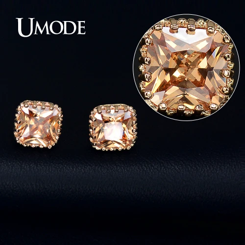 UMODE Серьги-гвоздики с квадратным фианитом класса ААА+ цвета шампанского 1см, лучшее предложение для женщин UE0094