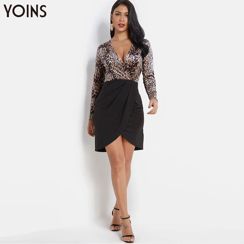 YOINS 2019 осень-зима Для женщин обаятельные леопардовые вечерние плиссированное