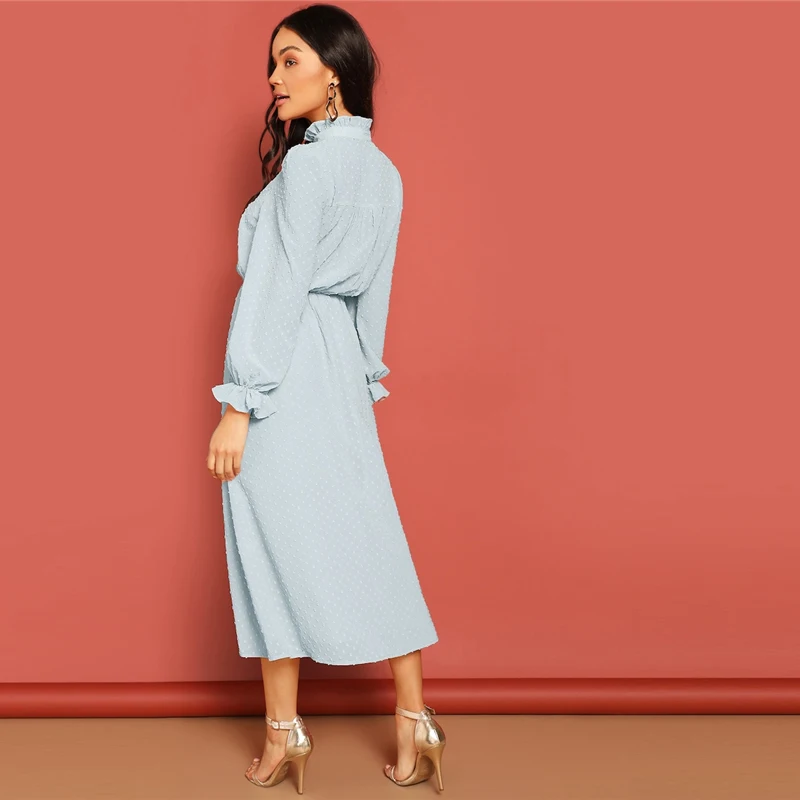 SHEIN Платье С Кружевом И Складкой Женское Голубое Весеннее Элегантное Платье С Длинными Рукавами И Пуговицами