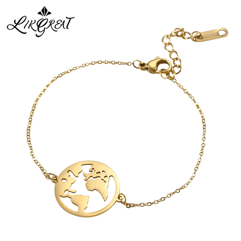 Браслет LIKGREAT с изображением карты мира глобуса земли континента золотая цепочка