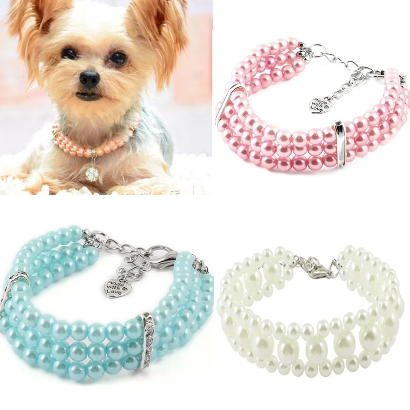 Три ряда жемчужные связанные бусы собака подвеска в форме кота и сердца ошейник