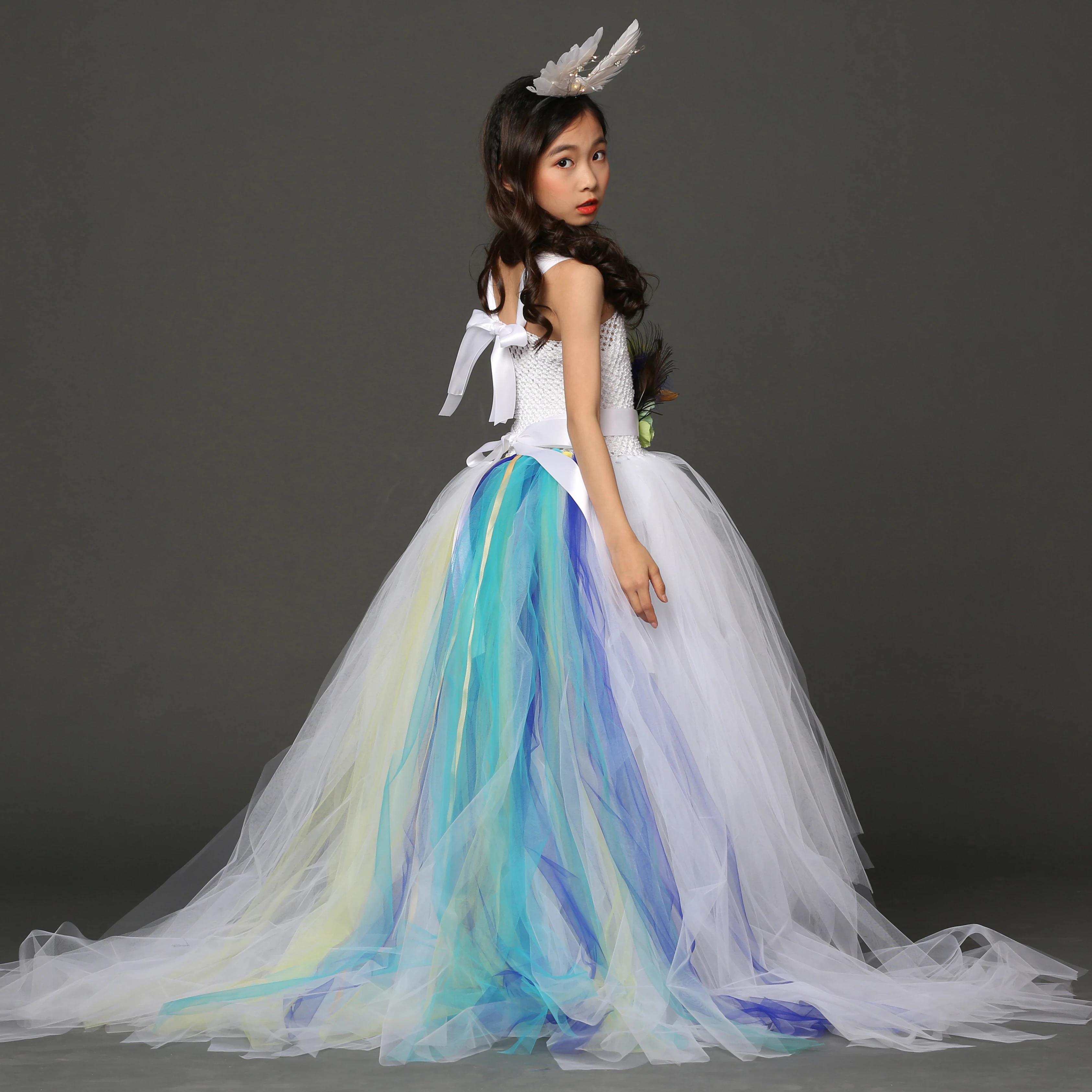 POSH DREAM Peacock Flower Girls Dress for Wedding Evening Children Princess Party Pageant Long Gown Kids Dresses | Детская одежда и