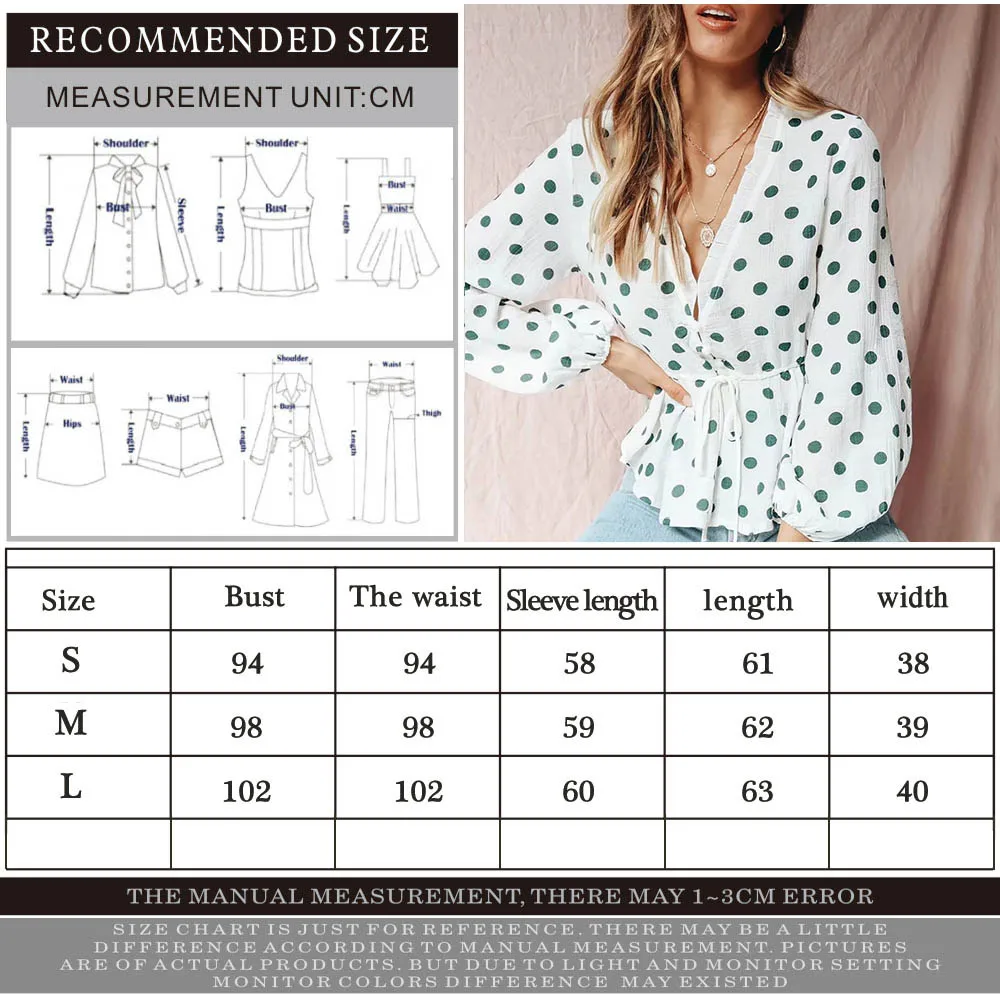 Женская блузка в горошек белая с длинным рукавом и треугольным вырезом на лето |