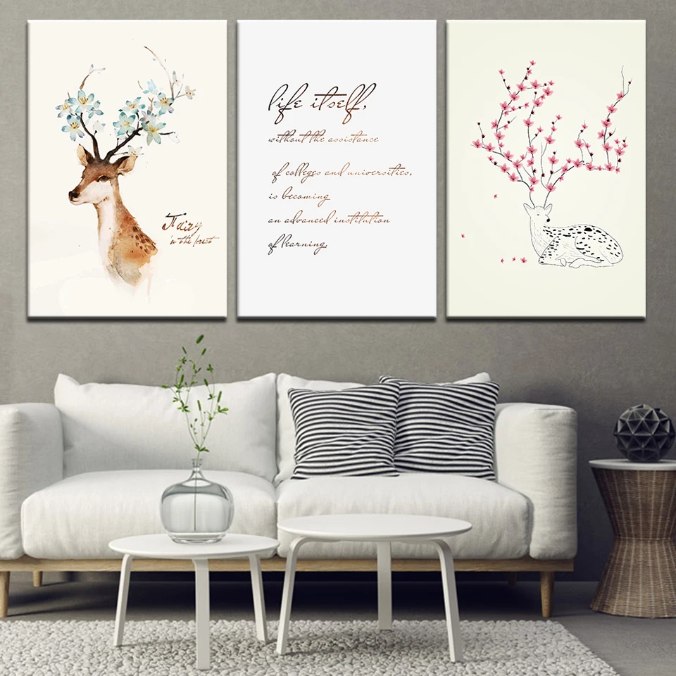 Картина на холсте с изображением лосей акварелью в скандинавском стиле цветок