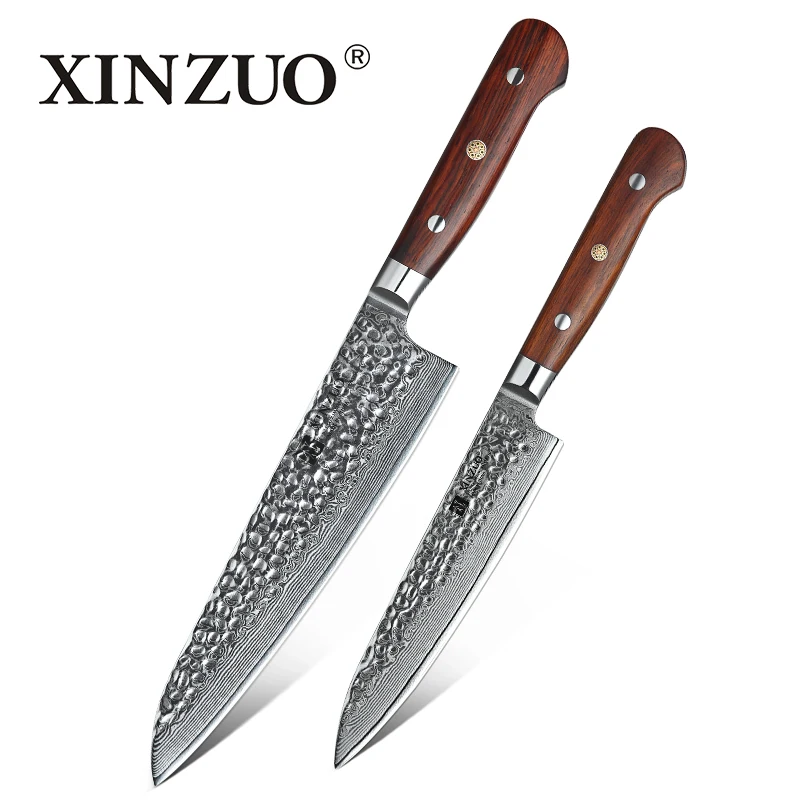 YUN-2PC XINZUO, 2 шт., кухонный нож шеф-повара, набор, Япония, VG10, дамасская сталь, шеф-повара, универсальные ножи, палисандр, ручка, лучшее качество, кухонные инструменты для повара - Цвет: YUN-2PC
