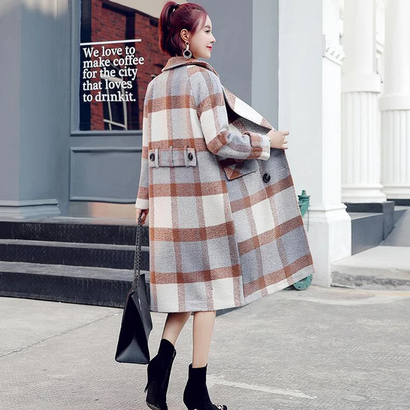 2019 Korean version Women New clothing Winter Wool coat Vintage Double Breasted Long Plaid Woolen Female Warm Overcoat cc43 | Женская