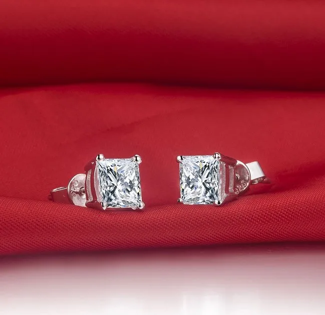 Женские серьги гвоздики из 18 каратного белого золота 2 карата/штука|stud earrings|princess