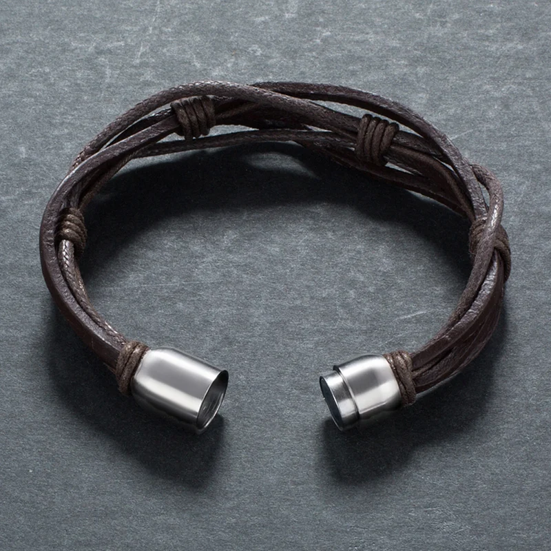 

Vintage Brown Leather Rope Bracelets Men Wrap Bracelets Bangles Punk Male Hand Chain Men Jewelry Magnetic Clasp Wrist Band PW739