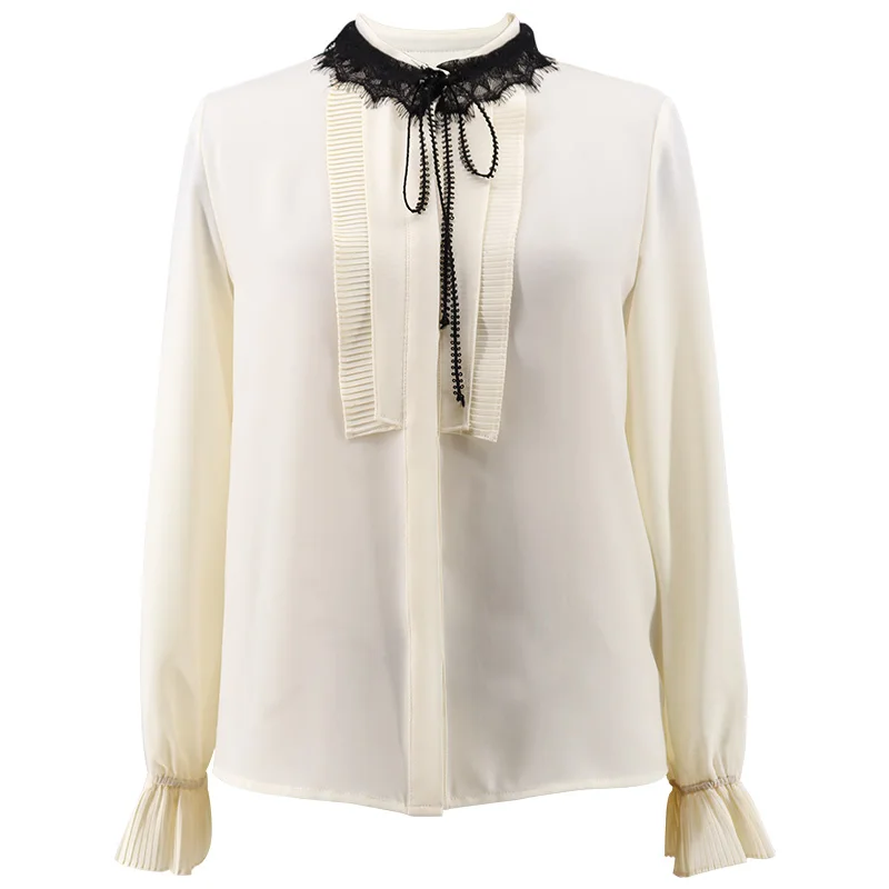 

2019 Spring new chiffon shirt women long sleeve casual fashion shirt girls stand collar lace bow tie shirts lady camisa chemise