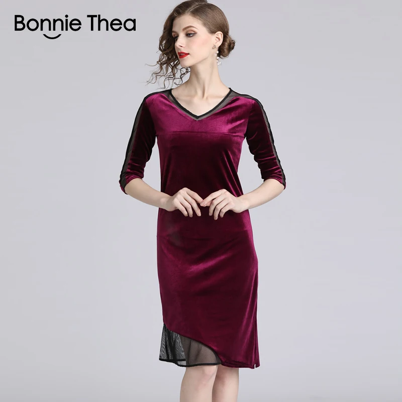 Винтажное красное бархатное женское платье Bonnie Thea с V образным вырезом Сетчатое