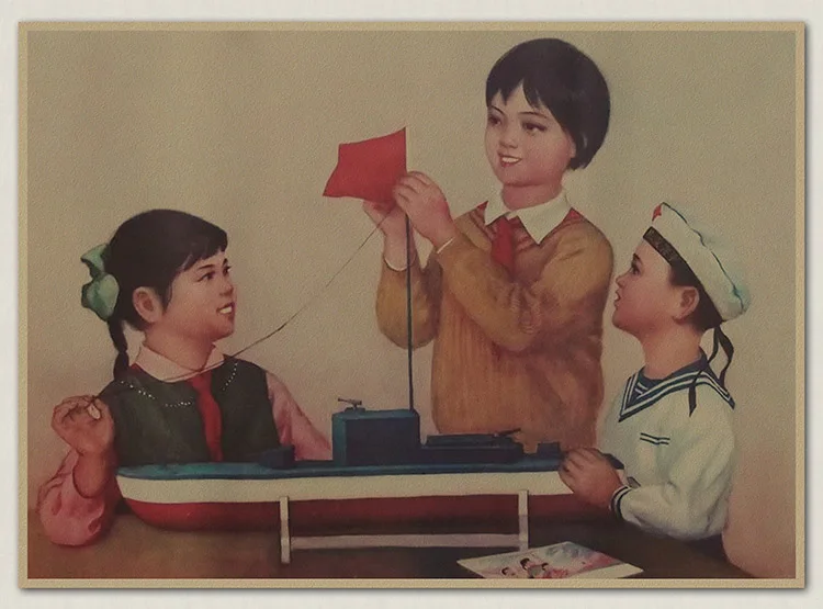 Дети учатся Warship science communism Mao китайская революция история ретро ВИНТАЖНЫЙ ПЛАКАТ