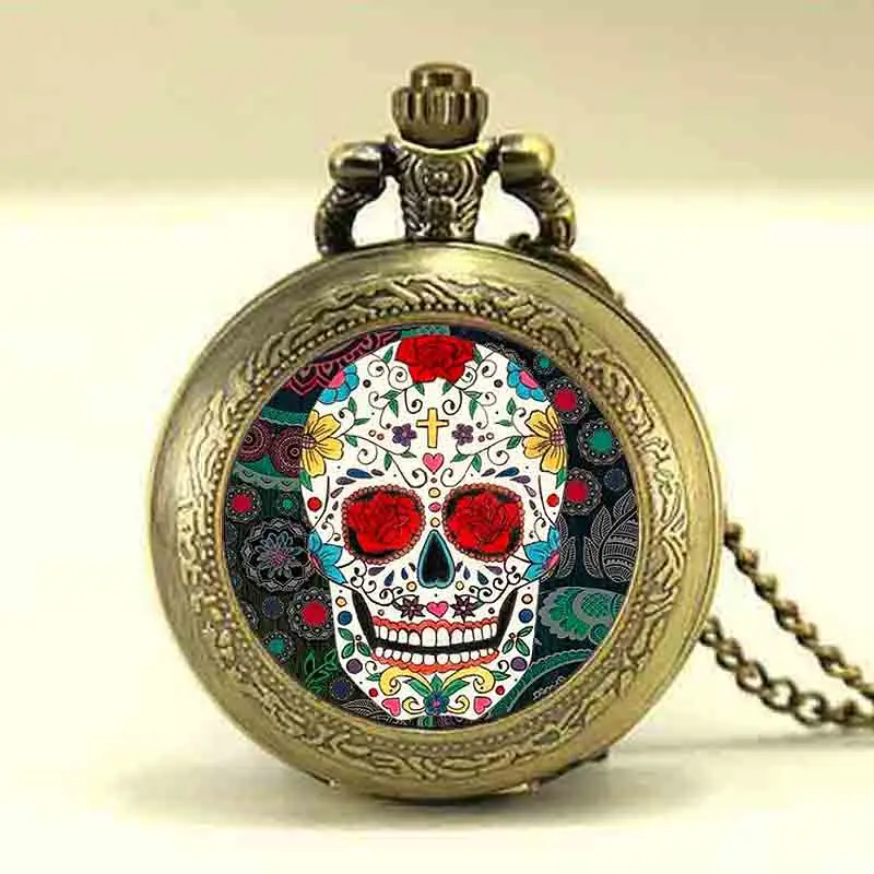 Античная бронза Винтаж Череп Скелет карманные часы ожерелье череп кварцевые
