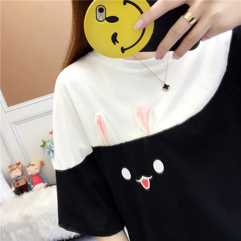Jielur печать морковка кролик уха белая футболка Harajuku Лоскутная Милая кавайная футболка Женская милая летняя футболка черный футболка женская