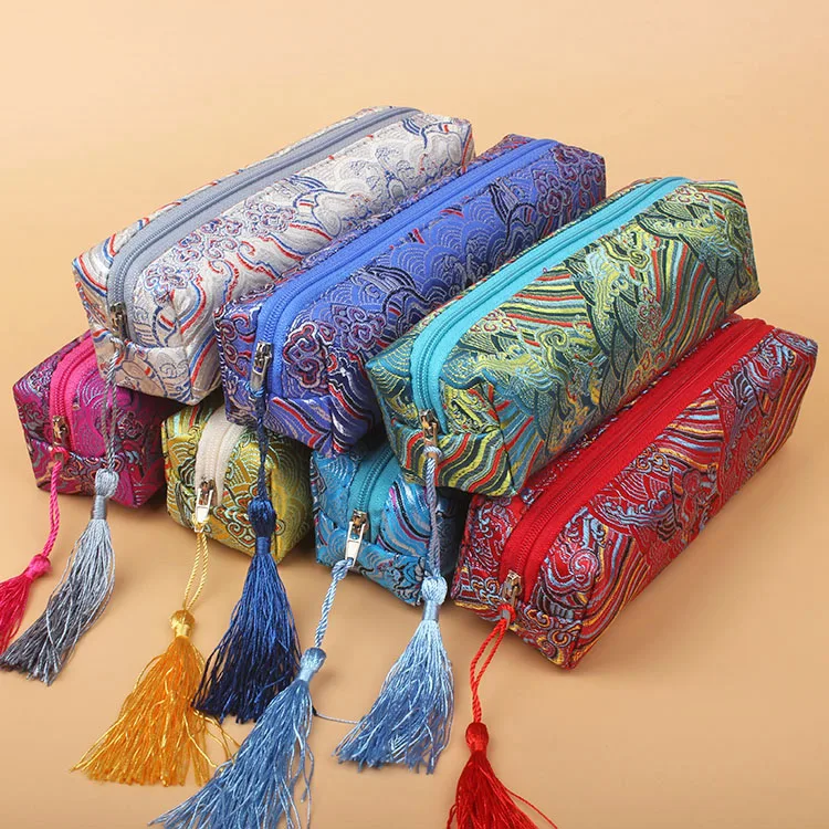 10pcs Tassel Wave Long Chinese style  Zipper Pouch Bag Silk Brocade Necklace Jewelry Packaging Bag Cosmetic Makeup Pencil case
