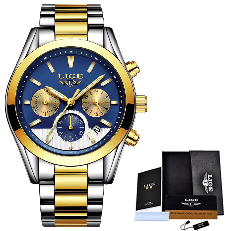 steel gold blue Мужские часы Relojes Hombre, новинка, LIGE, мужские часы, Топ бренд, Роскошные, модные, бизнес, кварцевые часы, мужские, водонепроницаемые, полностью стальные, спортивные часы - Цвет: steel gold blue