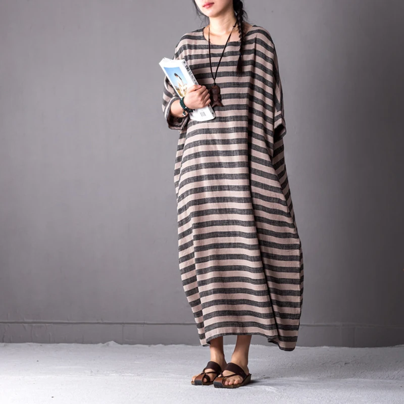 Летние женские платья 2017 винтажные полосатые рукава летучая мышь халат плюс