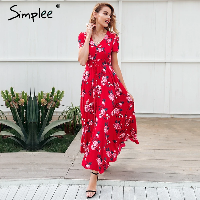 Simplee цветочный принт Красное длинное платье для женщин короткий рукав v образным