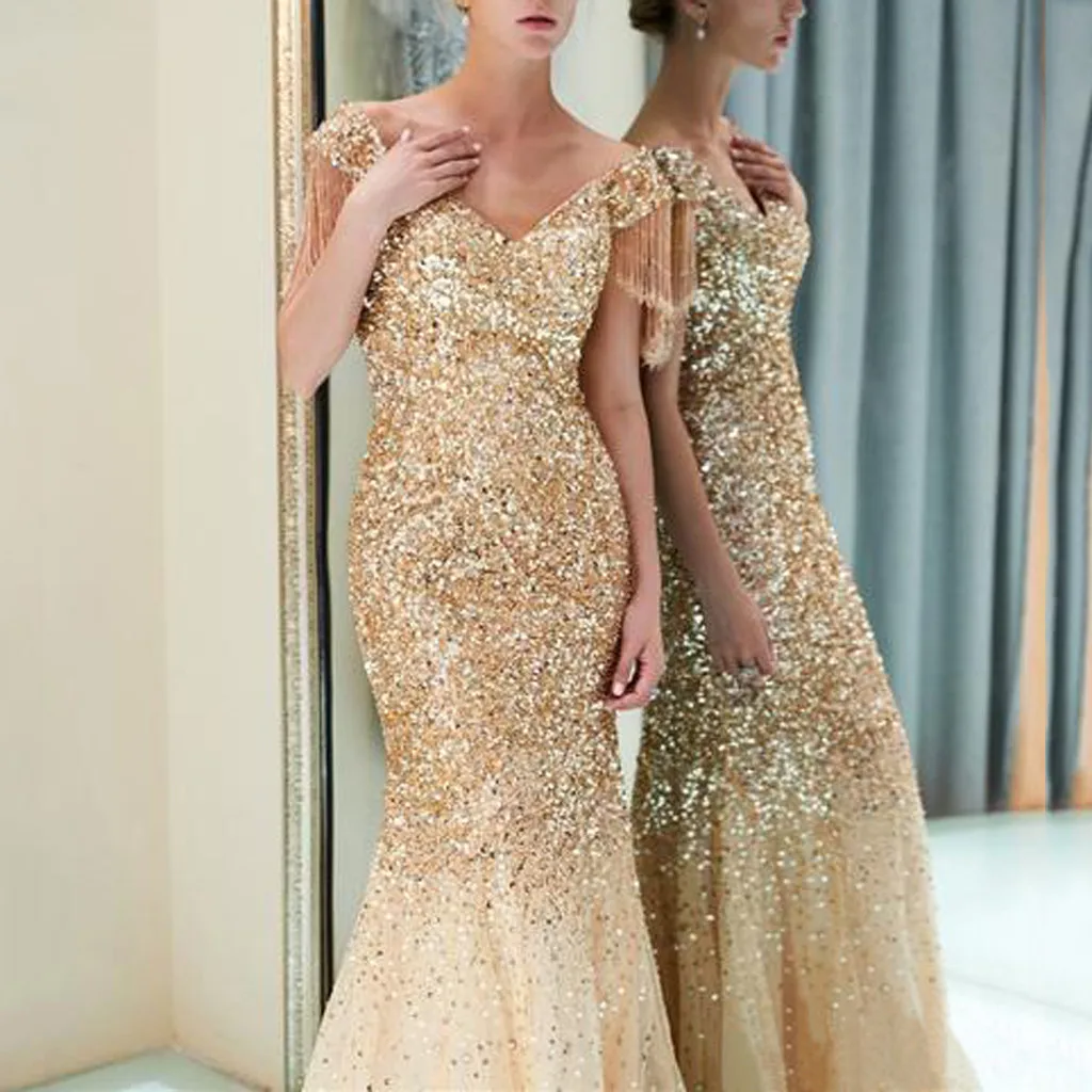 Женское длинное платье без рукавов Золотое с глубоким вырезом 2019|Женские платья|