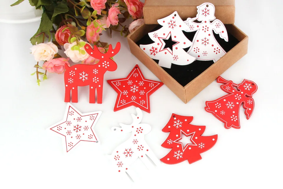 8PCS White&Red Wooden Christmas Ornaments Pendants Wood Crafts Hanging Xmas Tree Ornament Kids Gift Christmas Party Decorations