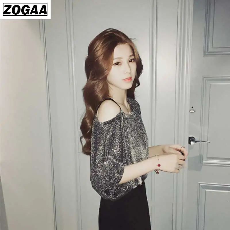 Женские топы с люрексом ZOGAA однотонные футболки коротким рукавом круглым вырезом
