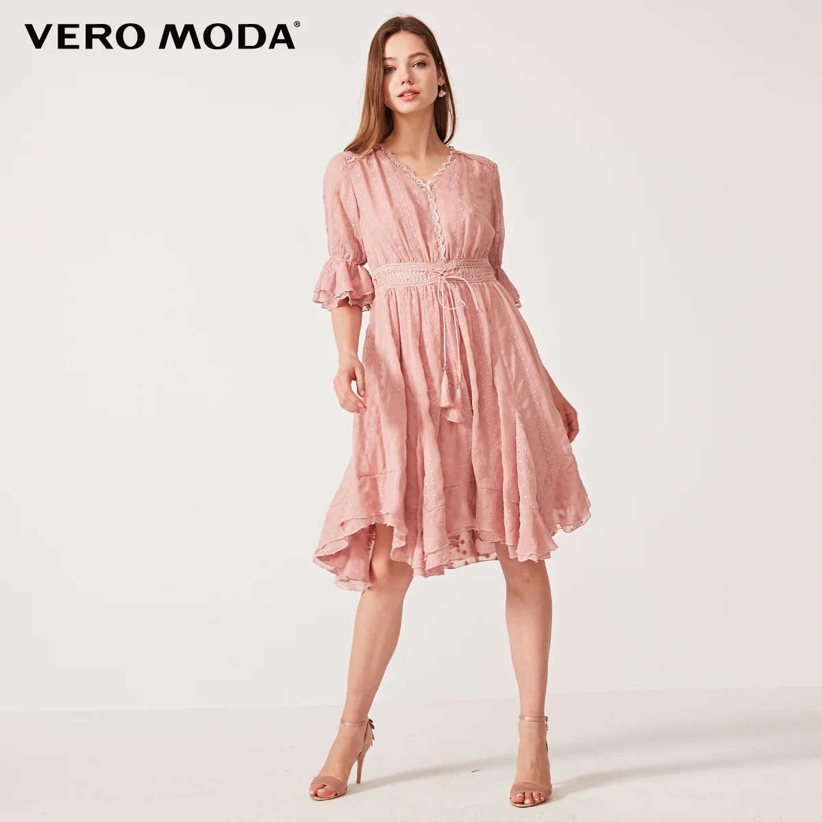 Vero Moda Новое Женское шифоновое платье на шнуровке с v-образным вырезом средней длины с подкладкой | 31926Z570