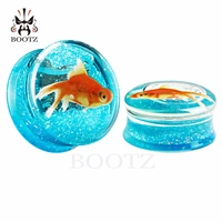 transparent acrylic fish logo blue color ear plugs and tunnels piercing gauges sell by pair 10 25mm