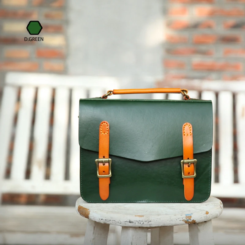 Женская винтажная сумка из воловьей кожи однотонная мессенджер ручной работы