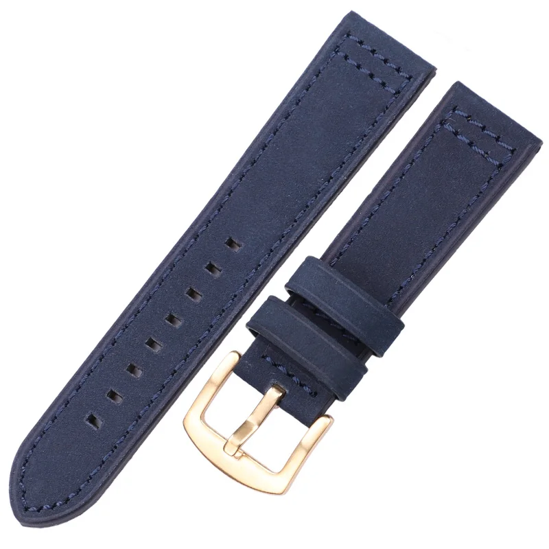 Blue gold buckle Аксессуары для часов, ремешок для часов из натуральной кожи для женщин и мужчин, винтажный черный, коричневый, серый, синий, ремешок для часов 18, 20, 22, 24 мм, браслет - Цвет ремешка: Blue gold buckle