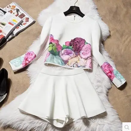 О Шеи осень зима женщины цветы замши с длинным рукавом куртки + юбка костюмы