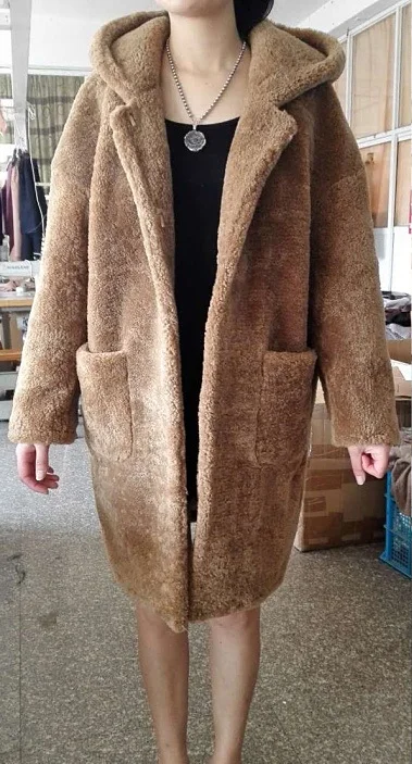 90CM LENGTH Женская зимняя мода из овечьей шерсти X Длинное свободное дизайнерское пальто с капюшоном верхняя одежда - Цвет: 90CM LENGTH