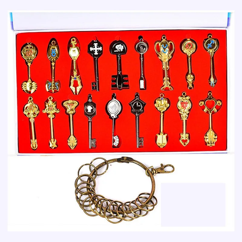 18pcs set big ring Сказочный хвост брелок, набор аксессуаров для косплея, коллекция оружия, знак Lucy зодиака, золотое ожерелье с ключом, подвески для подарка - Цвет: 18pcs set big ring