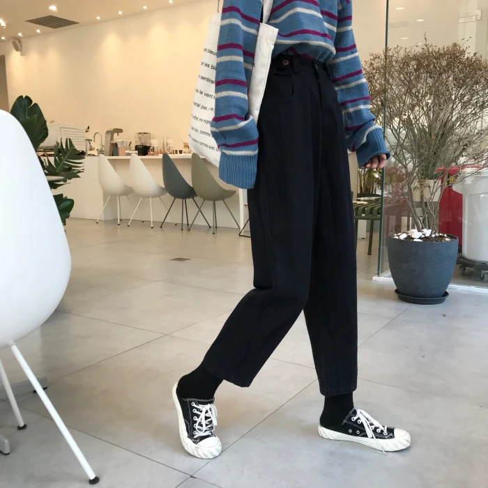 Женские весенние модные брендовые джинсы Ulzzang Harajuku BF с высокой талией длиной до щиколотки, женские повседневные свободные черные джинсы