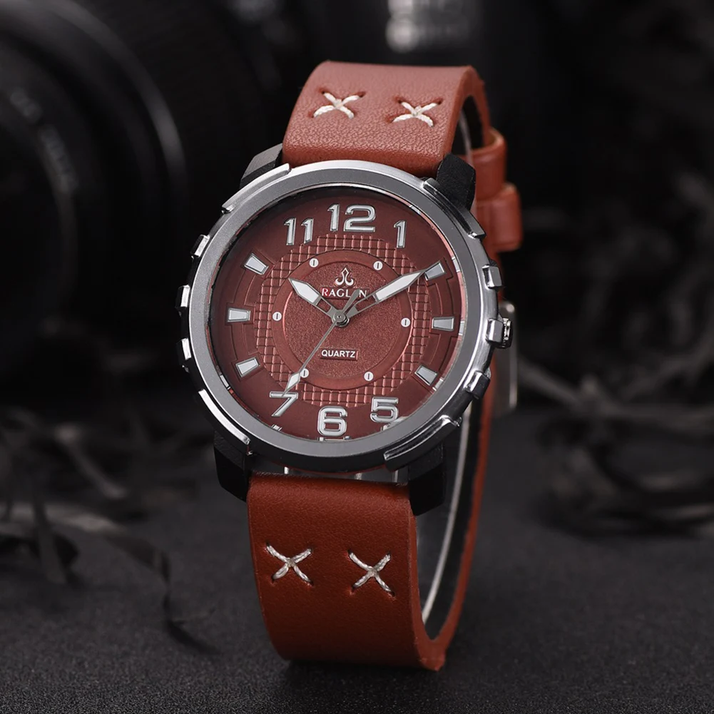 Повседневные мужские круглые циферблаты Faux кожаный полосатый ремешок