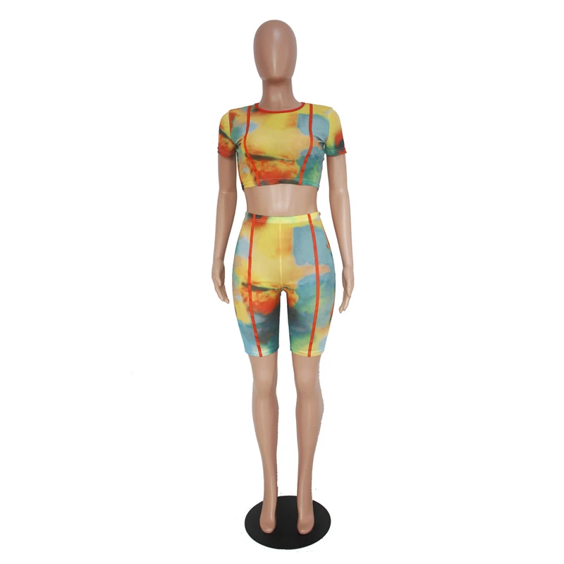 Elegant Great Sexy Mesh See Through Tie Dye 2pcs Set Women 2 Piece Summer Sets Short Sleeve Striped Patchwork | Женская одежда