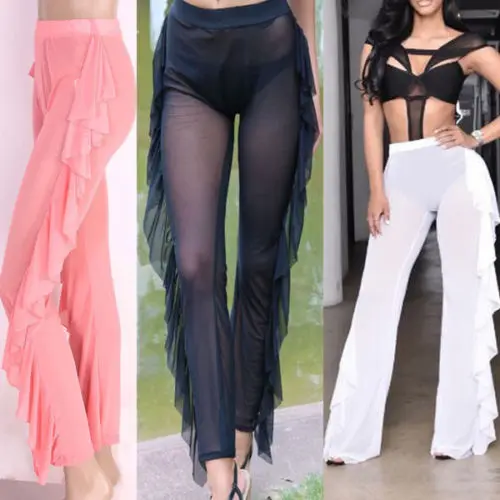

New Women Long Exotic Pants Leg Semi See-through Ladies Tranpanrent Soft Mesh Wide Leg Pants