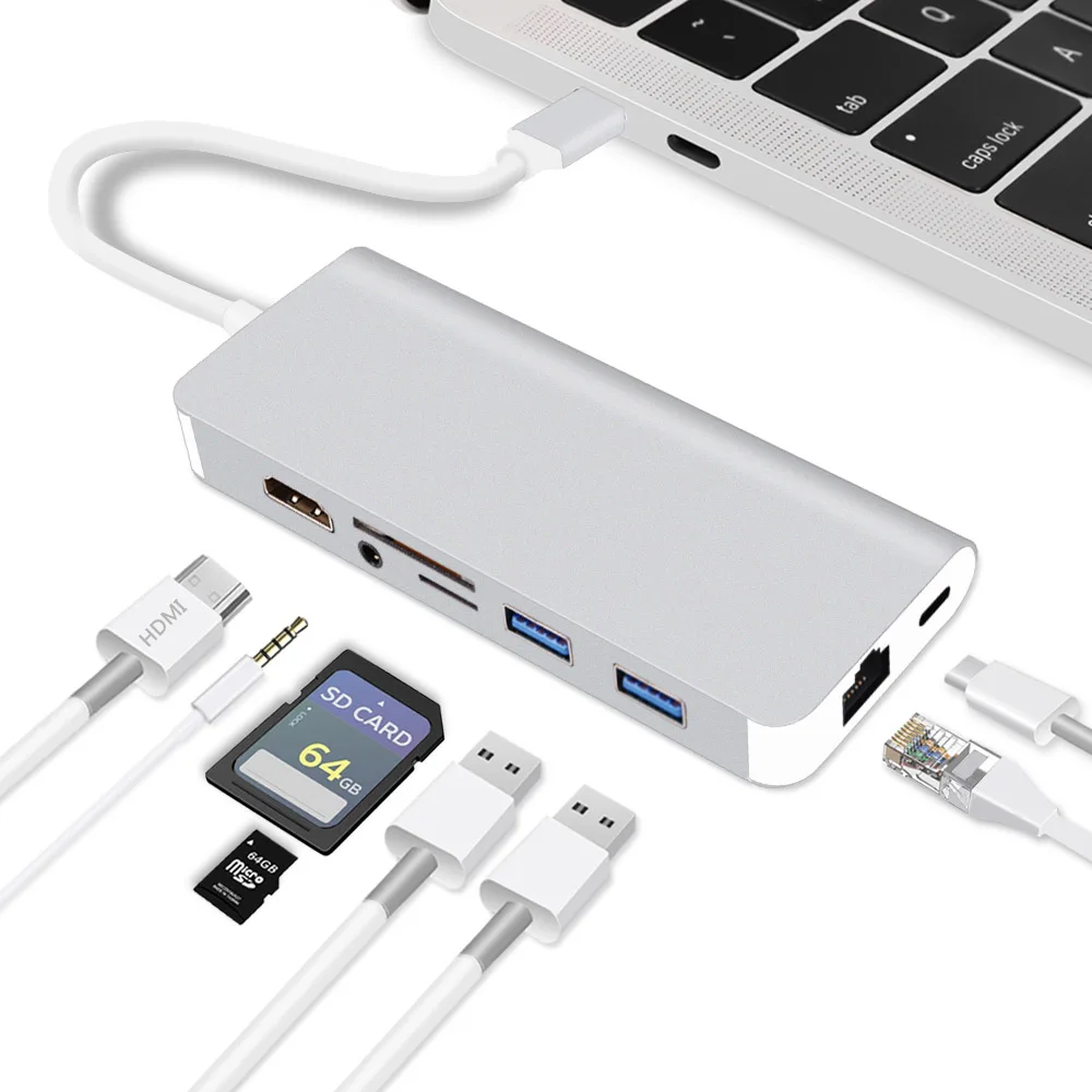 Серебристый Redlai USB C концентратор type C концентратор для HDMI 3,5 мм аудио RJ45 USB 3,0 PD SD/TF кардридер адаптер для MacBook 1" Air Pro 13 15 дюймов - Цвет: Серебристый