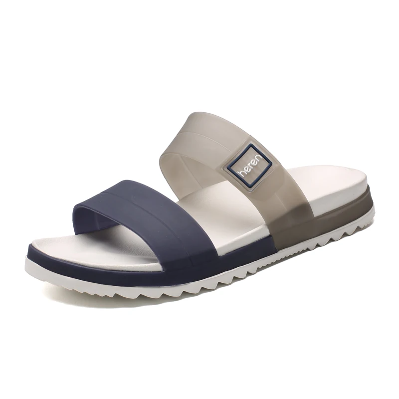 DARK BLUE WHITE Новинка; модные мужские летние шлепанцы; пляжные сандалии; Мужская Летняя обувь; уличные повседневные шлепанцы; мужская обувь на плоской подошве - Цвет: DARK BLUE WHITE