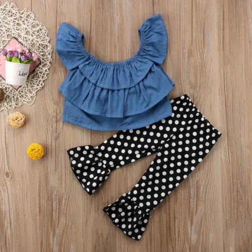 2Pcs Toddler Baby Girl Princess Summer Clothing Sets Kids Girls Ruffles Denim Blouse Top Romper+Pants Sunsuit Set | Мать и ребенок