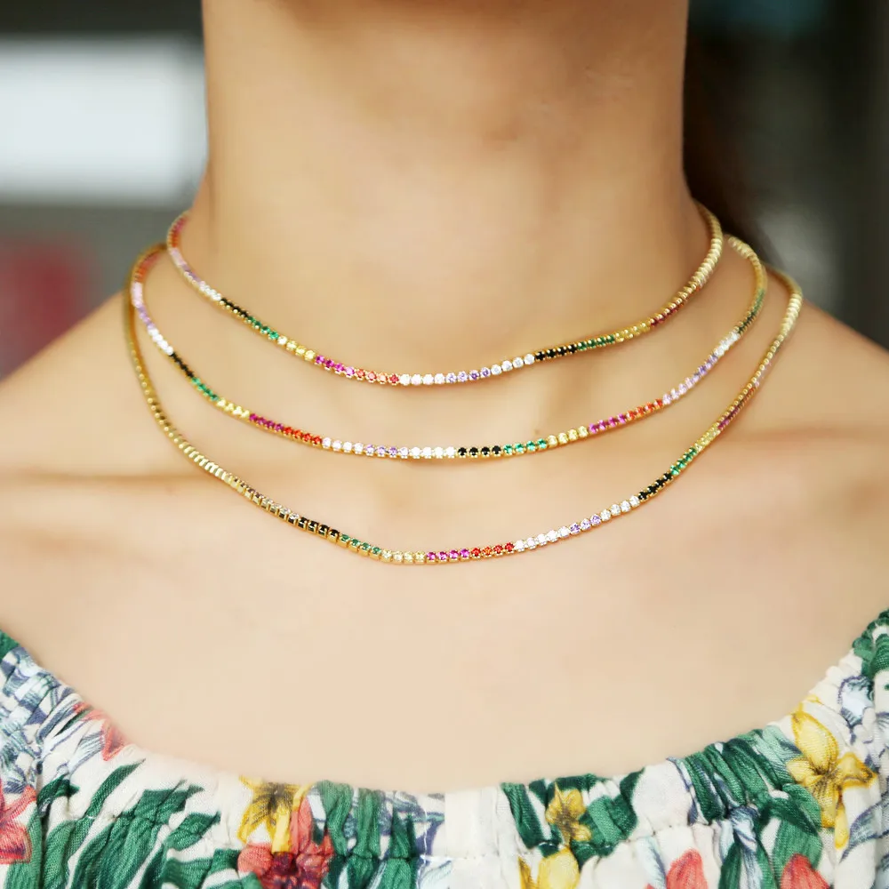 Новое поступление золотистого цвета ожерелье с радугой cz теннисная цепочка