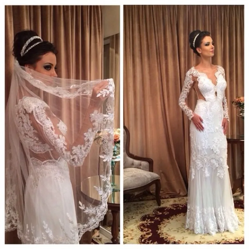 Последние Длинным Рукавом V-образным Вырезом Платья Свадебные Оболочка