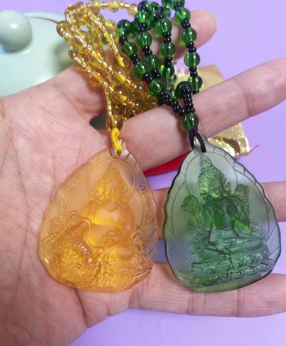 

$99 -2PCS GOOD Buddhist supply Greco-Buddhist pocket travel efficacious Green Tara Yellow Jambhala Buddha Crystal Pendant Amulet