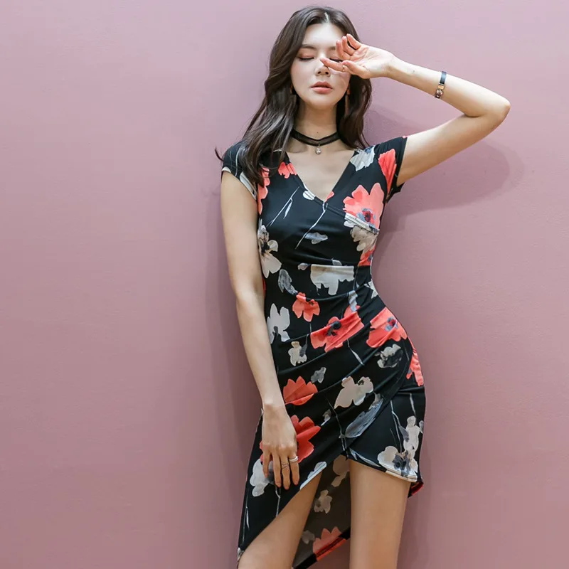 

Plus Size Women's Asymmetric Dresses Short Sleeve Slim Print Floral Dress Women Casual Beach Flower Dress Summer Ropa Mujer