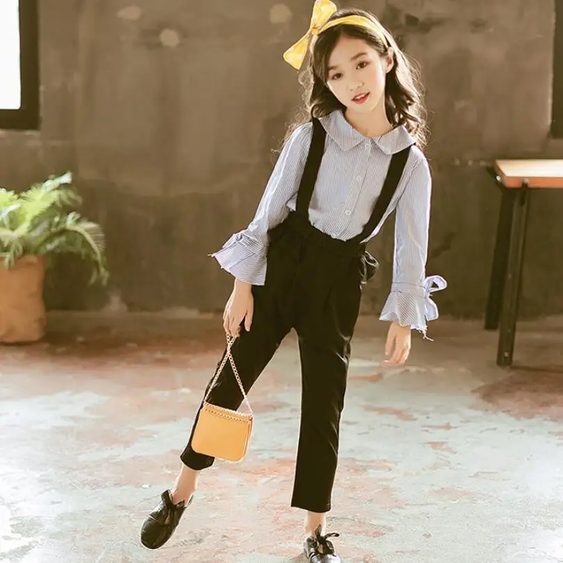 2018 осенний комплект одежды для маленьких девочек подростков комплекты полосатая